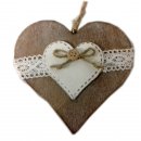 CUORE IN LEGNO NATURALE CON PIZZO CREMA COUNTRY D'APPENDERE