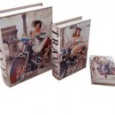 SET 3 SCATOLA IN LEGNO CON ECOPELLE MODELLO LIBRO CON DISEGNO MOTO