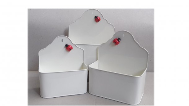 SET 3 PORTA VASI IN LATTA RETTANGOLARE CON COCCINELLA COLORE CREMA DA APPOGGIO O MURO